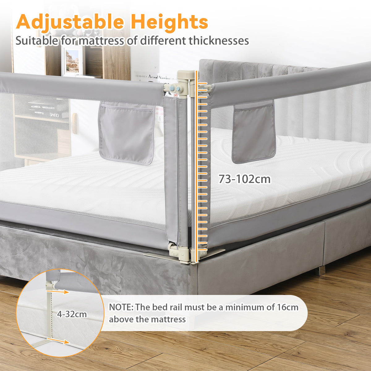 176/195CM Toddler Bedrail, Extra Tall Safety Bed Guardrail W/Anti-Collision Cotton & Side Pocket