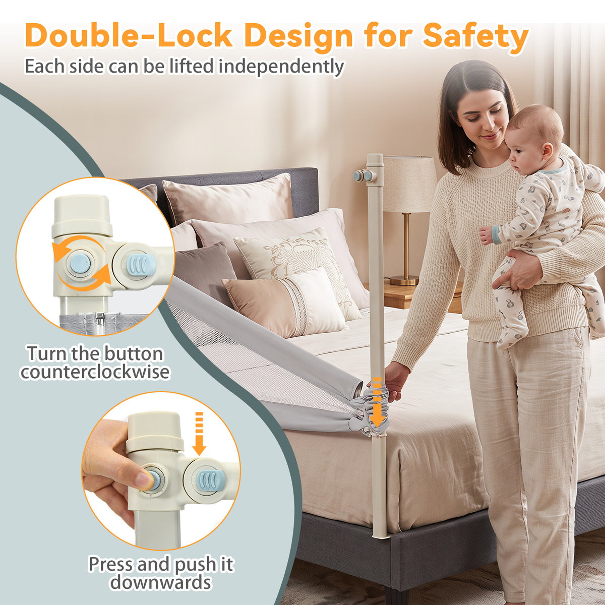 176/195CM Toddler Bedrail, Extra Tall Safety Bed Guardrail W/Anti-Collision Cotton & Side Pocket