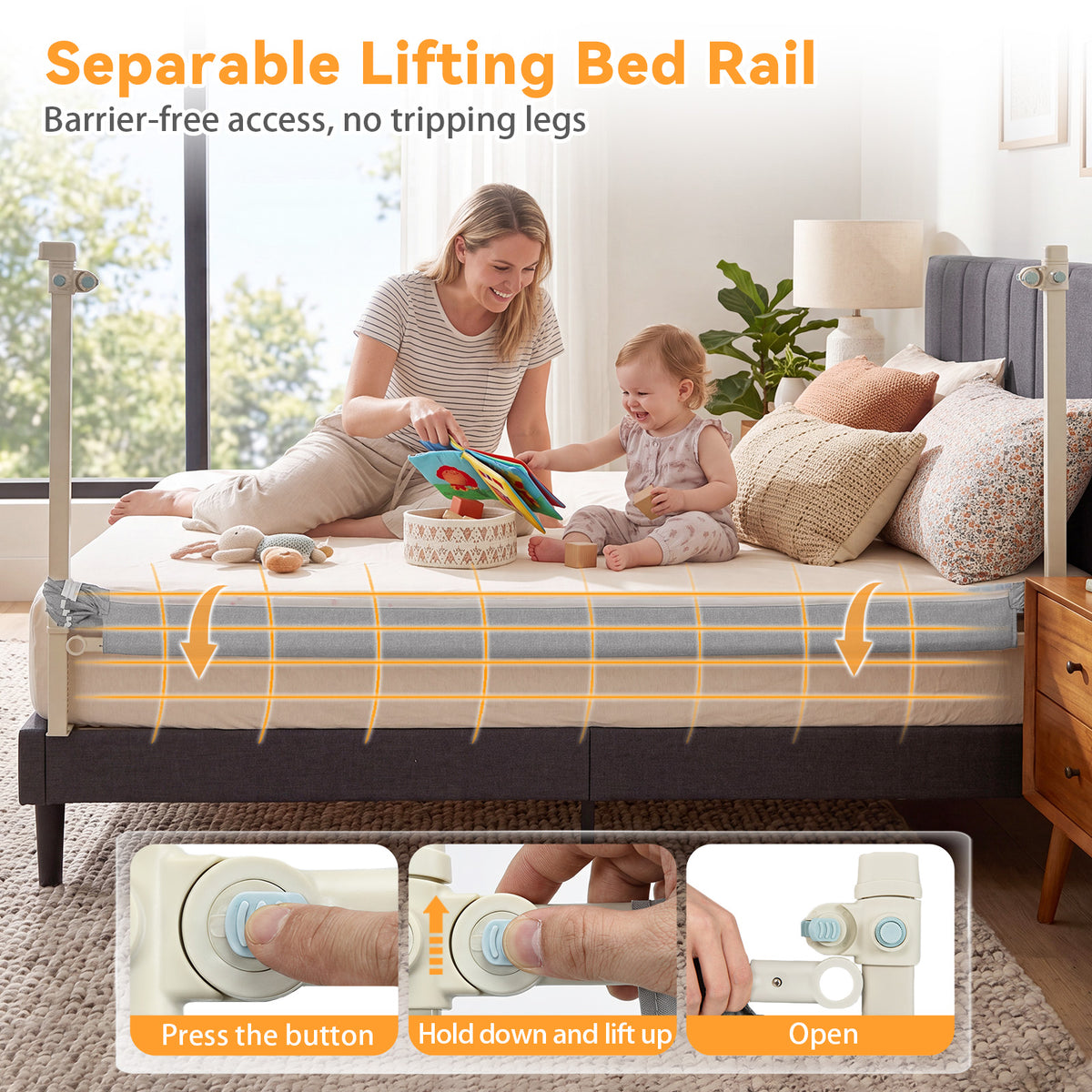 176/195CM Toddler Bedrail, Extra Tall Safety Bed Guardrail W/Anti-Collision Cotton & Side Pocket