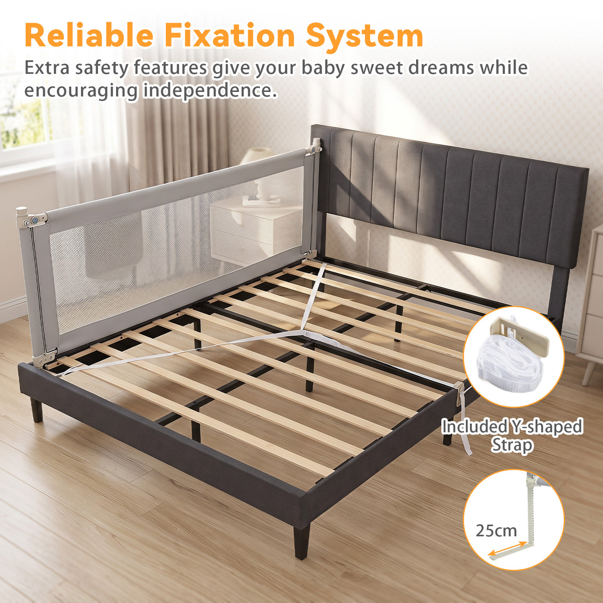 176/195CM Toddler Bedrail, Extra Tall Safety Bed Guardrail W/Anti-Collision Cotton & Side Pocket