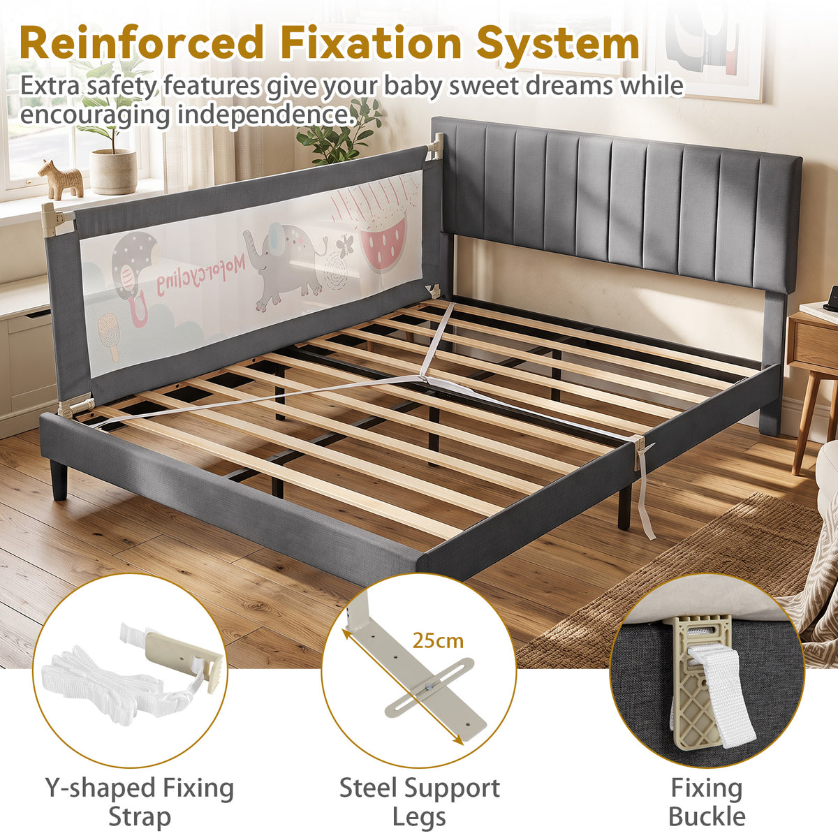 176/197CM Toddler Bedrail, 72.5-101.5 CM Extra Tall Bed Guardrail w/Anti-Collision Cotton & Side Pocket
