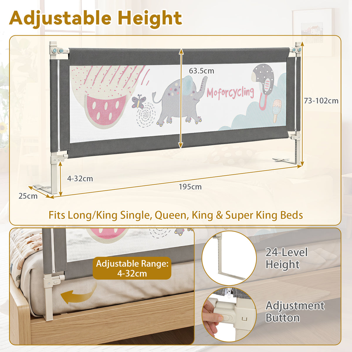 176/197CM Toddler Bedrail, 72.5-101.5 CM Extra Tall Bed Guardrail w/Anti-Collision Cotton & Side Pocket