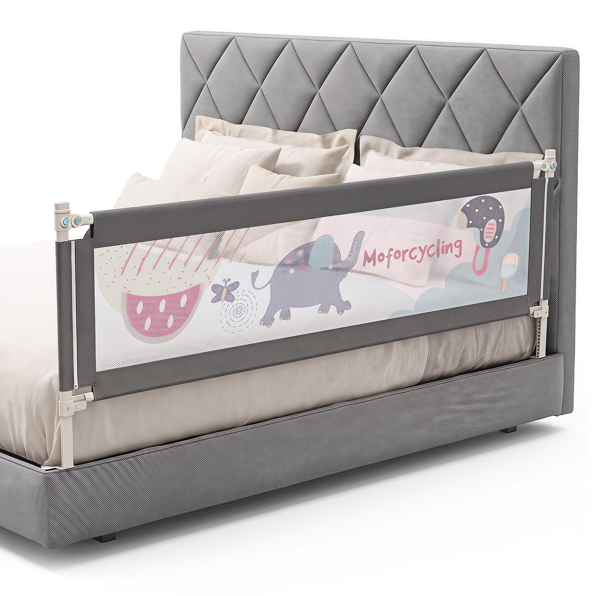 176/197CM Toddler Bedrail, 72.5-101.5 CM Extra Tall Bed Guardrail w/Anti-Collision Cotton & Side Pocket