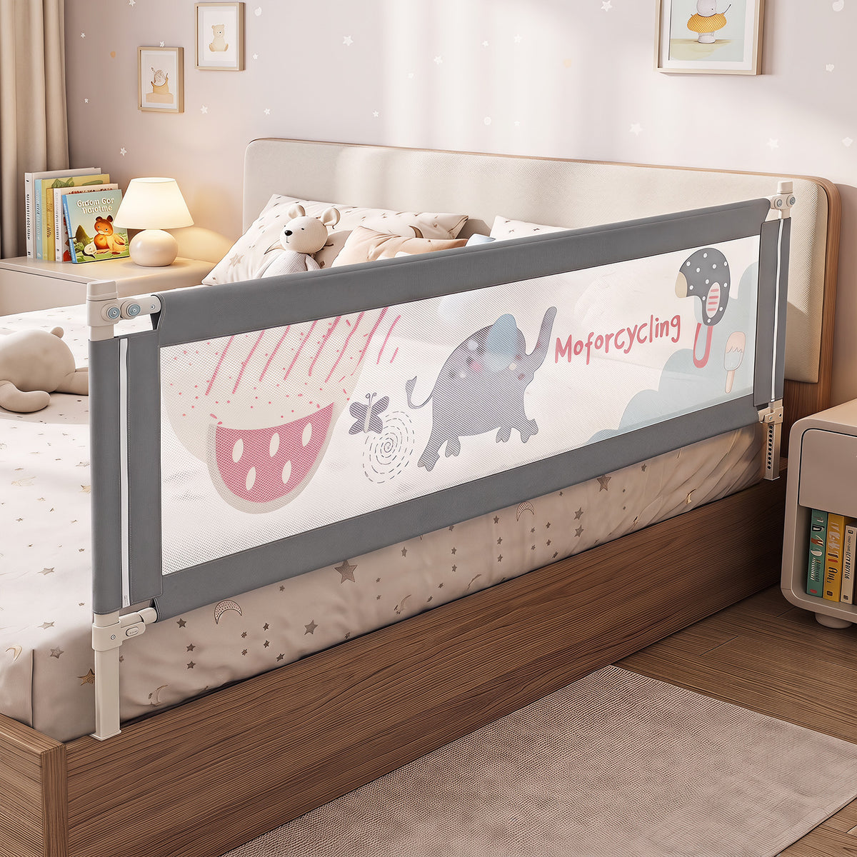 176/197CM Toddler Bedrail, 72.5-101.5 CM Extra Tall Bed Guardrail w/Anti-Collision Cotton & Side Pocket