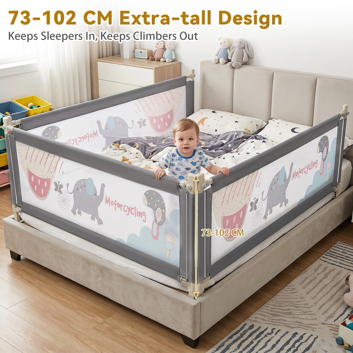176/197CM Toddler Bedrail, 72.5-101.5 CM Extra Tall Bed Guardrail w/Anti-Collision Cotton & Side Pocket
