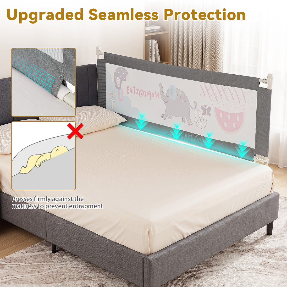 176/197CM Toddler Bedrail, 72.5-101.5 CM Extra Tall Bed Guardrail w/Anti-Collision Cotton & Side Pocket