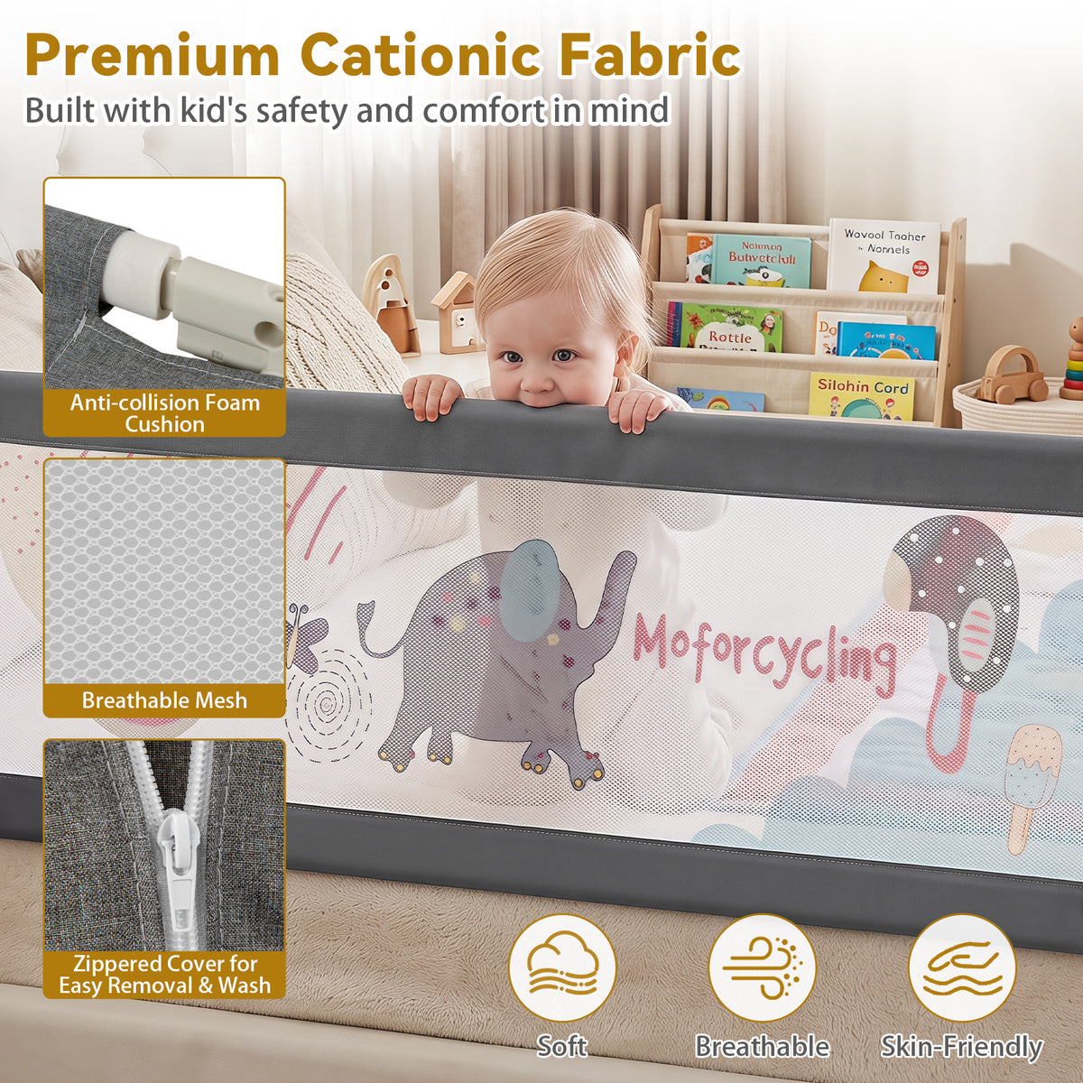 176/197CM Toddler Bedrail, 72.5-101.5 CM Extra Tall Bed Guardrail w/Anti-Collision Cotton & Side Pocket