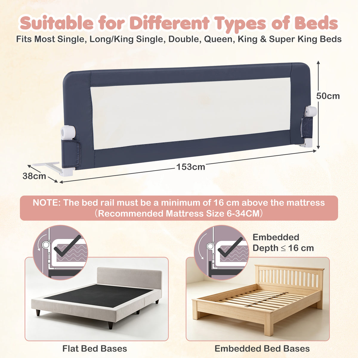 152/120 cm Long Foldable Bed Rail, 50 cm Extra Tall, White/Grey