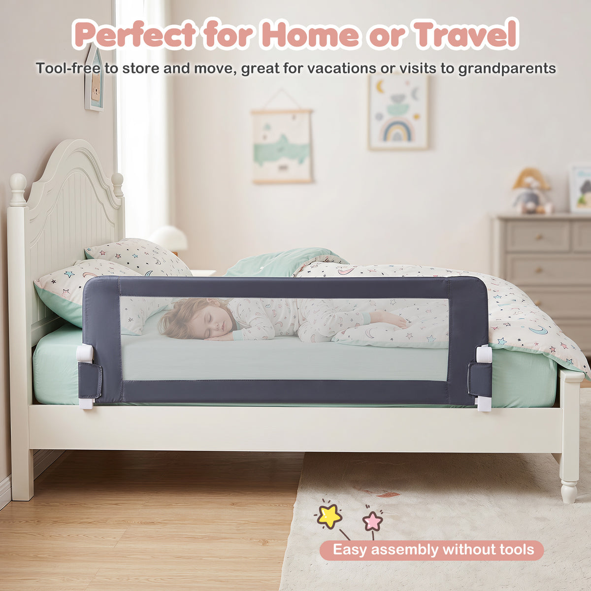 152/120 cm Long Foldable Bed Rail, 50 cm Extra Tall, White/Grey