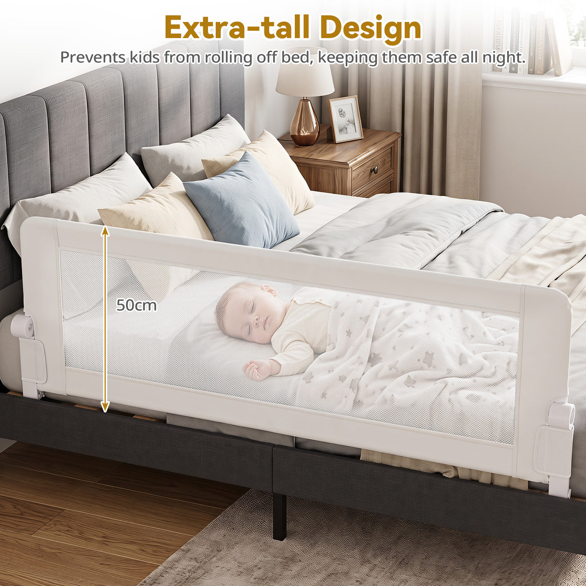 Foldable Baby Rail Guard, 180 cm Long Swing Down Bed Rail for Toddlers