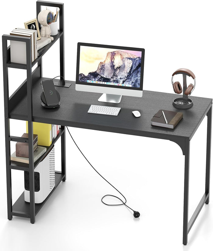 Computer Desk with Power Strip, 120 CM Study Writing Desk with Bookshelf, AC Outlets, USB Port