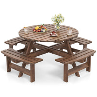 Round Picnic Table Set Patio Dining Camping Table w/ Built-in 4 Benches