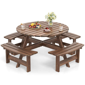 Round Picnic Table Set Patio Dining Camping Table w/ Built-in 4 Benches