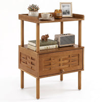 Bamboo Rattan Nightstand Natural Side Table with Raised Edge Flip-Up Door