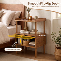 Bamboo Rattan Nightstand Natural Side Table with Raised Edge Flip-Up Door
