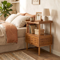 Bamboo Rattan Nightstand Natural Side Table with Raised Edge Flip-Up Door