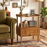 Bamboo Rattan Nightstand Natural Side Table with Raised Edge Flip-Up Door