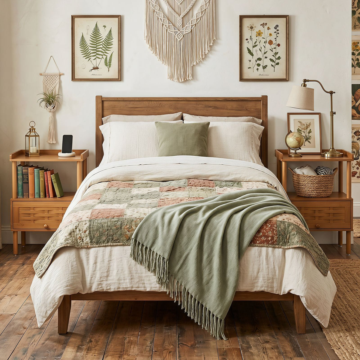 Bamboo Rattan Nightstand Natural Side Table with Raised Edge Flip-Up Door