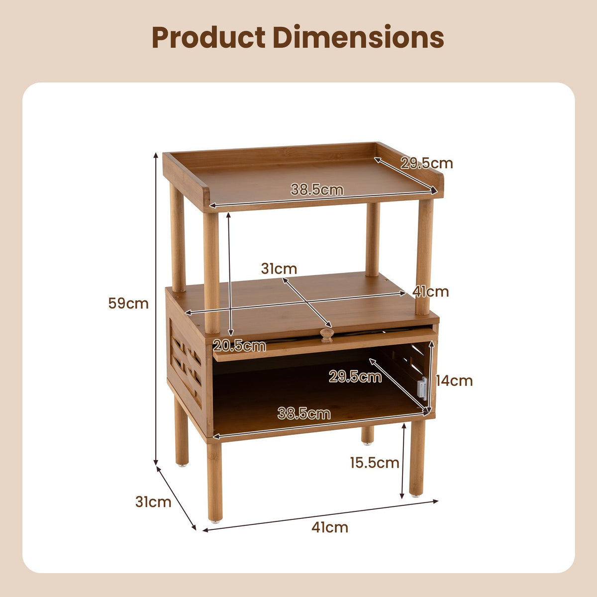 Bamboo Rattan Nightstand Natural Side Table with Raised Edge Flip-Up Door