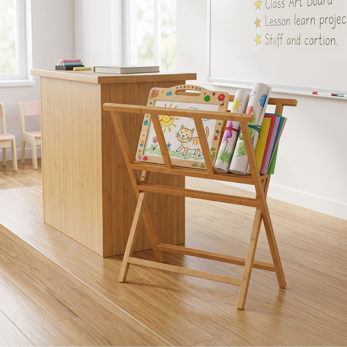 Bamboo Art Print Rack for Canvas Storage and Display for Studio Gallery