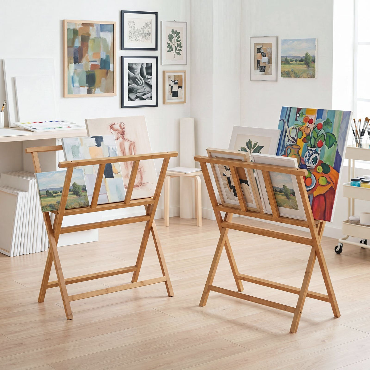 Bamboo Art Print Rack for Canvas Storage and Display for Studio Gallery