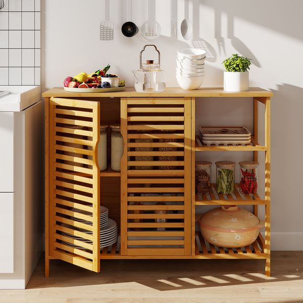 Bamboo Bathroom Cabinet with Dual-tier Cabinet and 3-tier shelf