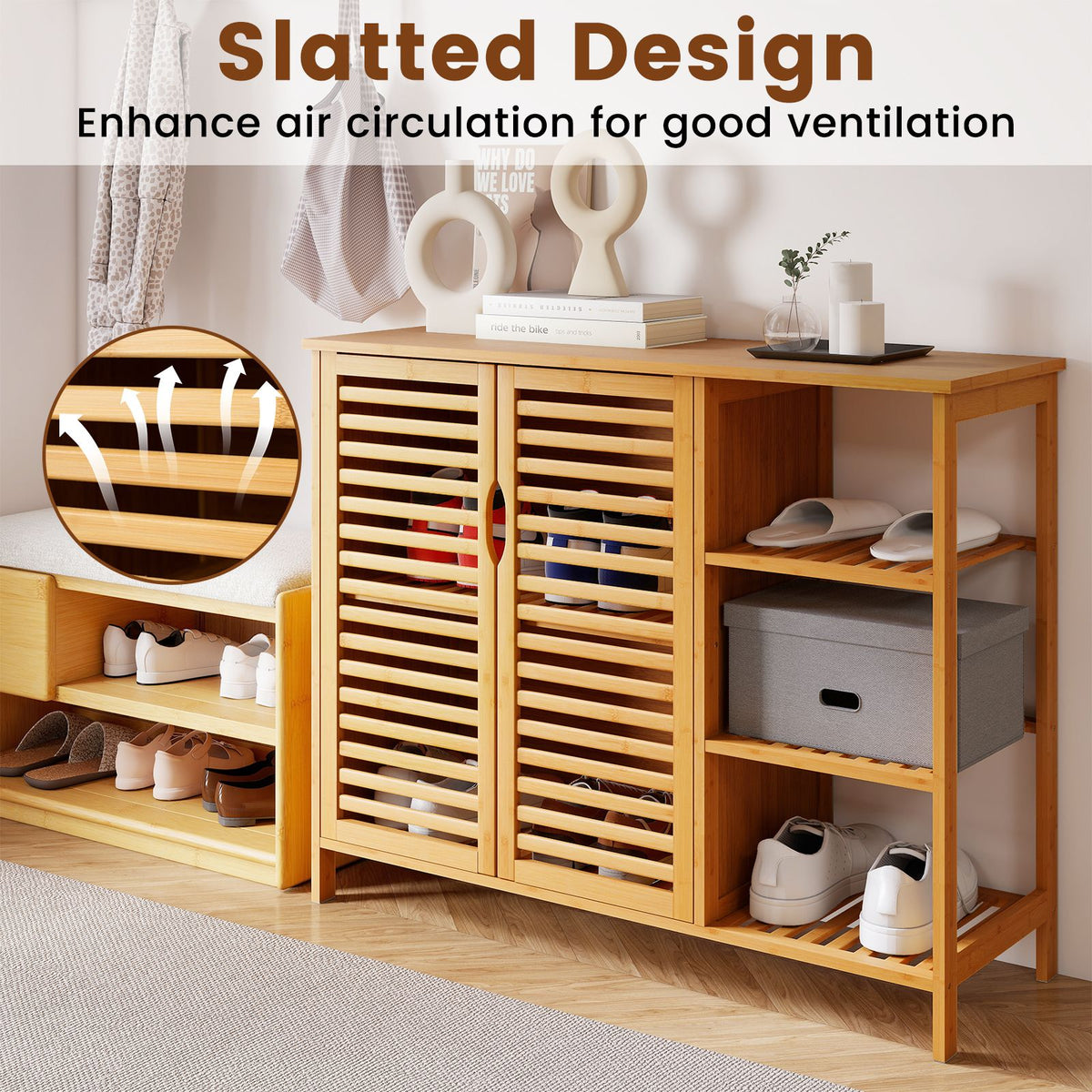Bamboo Bathroom Cabinet with Dual-tier Cabinet and 3-tier shelf
