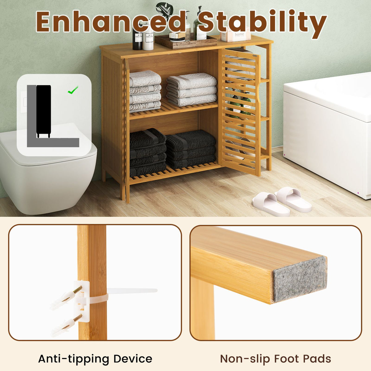 Bamboo Bathroom Cabinet with Dual-tier Cabinet and 3-tier shelf