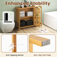 Bamboo Bathroom Cabinet with Dual-tier Cabinet and 3-tier shelf