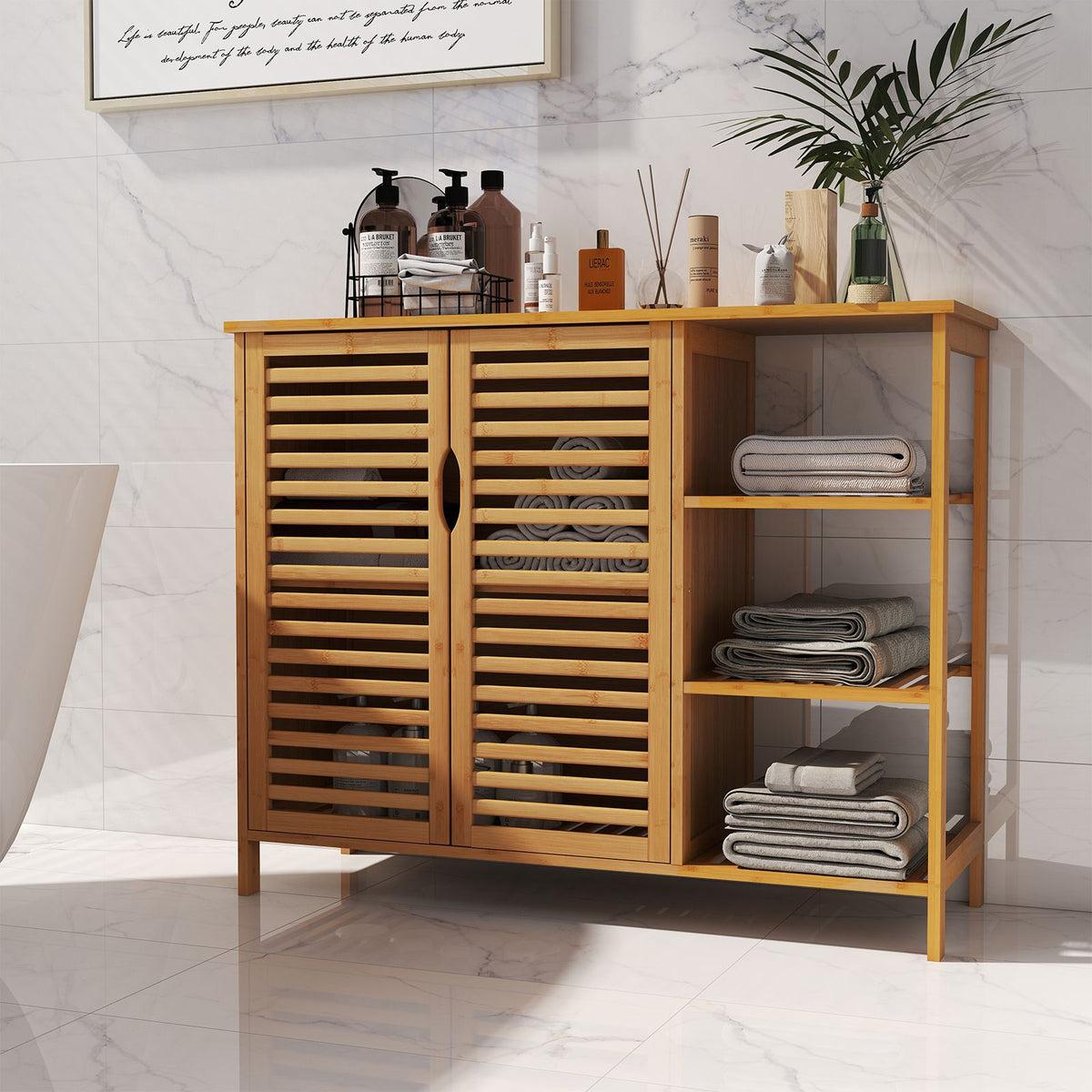 Bamboo Bathroom Cabinet with Dual-tier Cabinet and 3-tier shelf