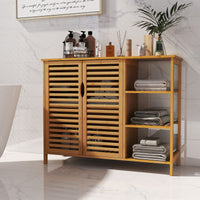Bamboo Bathroom Cabinet with Dual-tier Cabinet and 3-tier shelf