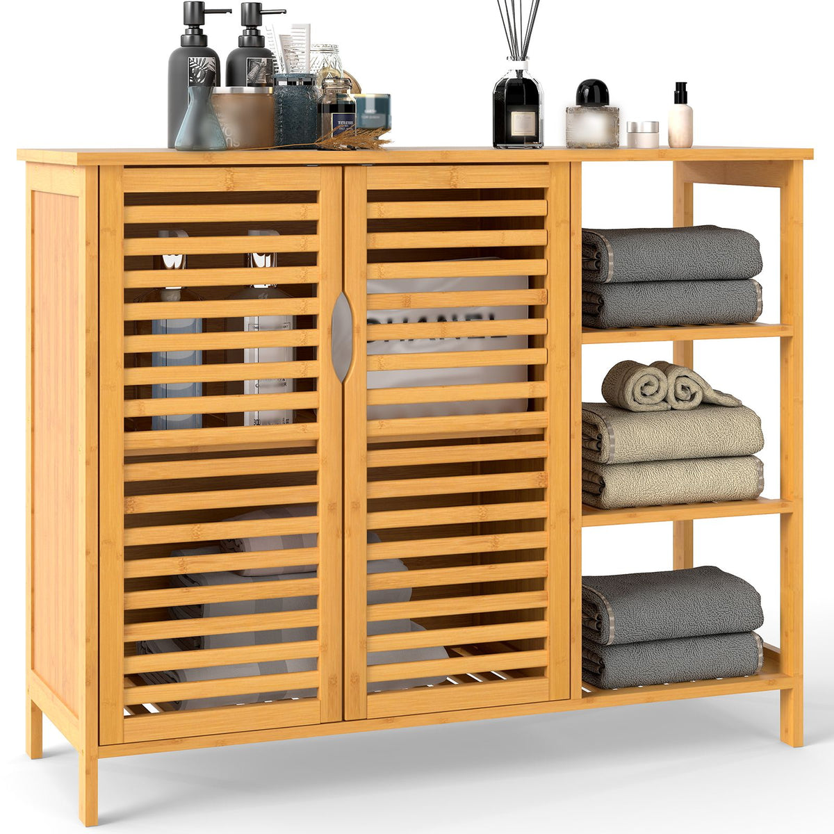 Bamboo Bathroom Cabinet with Dual-tier Cabinet and 3-tier shelf