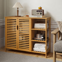 Bamboo Bathroom Cabinet with Dual-tier Cabinet and 3-tier shelf