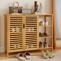 Bamboo Bathroom Cabinet with Dual-tier Cabinet and 3-tier shelf
