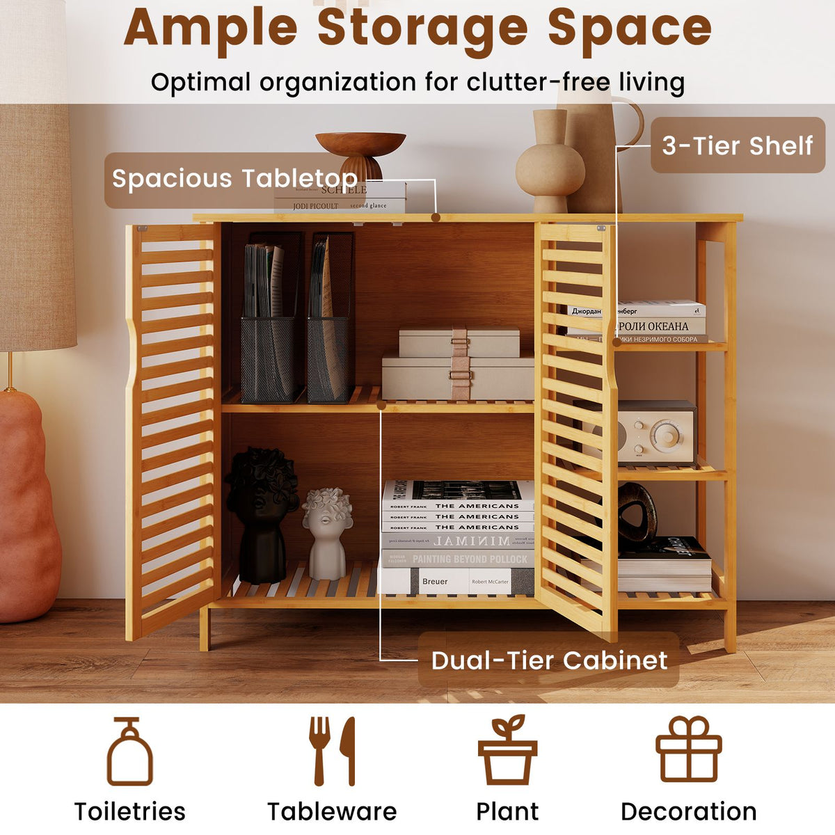 Bamboo Bathroom Cabinet with Dual-tier Cabinet and 3-tier shelf