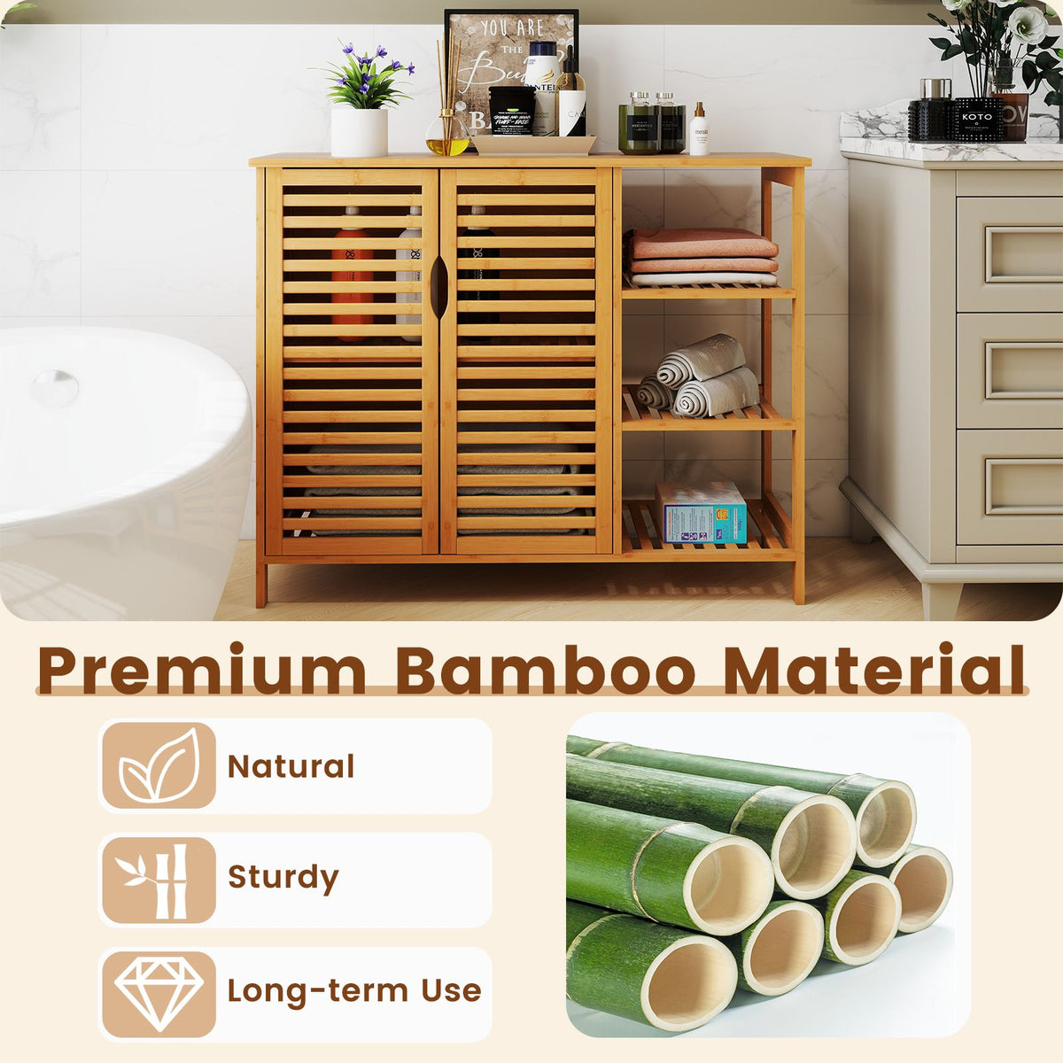 Bamboo Bathroom Cabinet with Dual-tier Cabinet and 3-tier shelf
