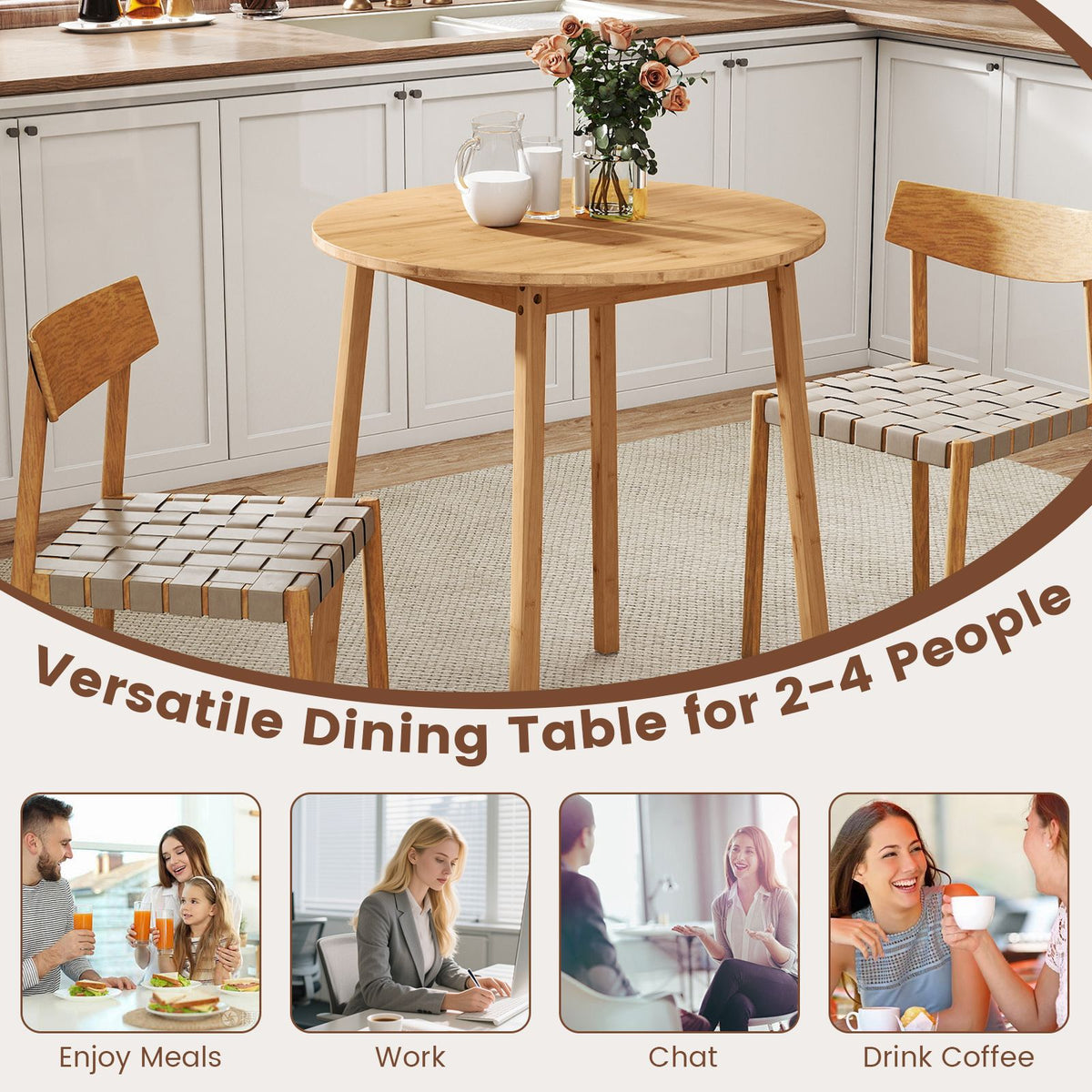 Bamboo Dining Table for 2-4 People for Small Space and Dining Room