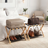Bamboo Luggage Racks Set of 2 with Nylon Straps and Oxford Cloth Storage Shelves for Bedroom