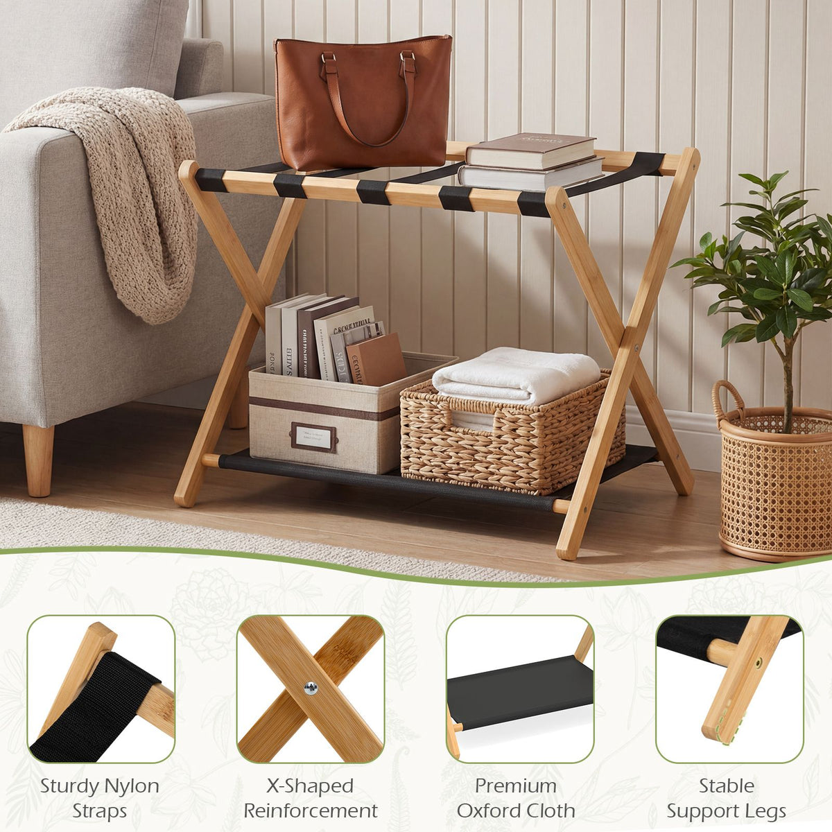 Bamboo Luggage Racks Set of 2 with Nylon Straps and Oxford Cloth Storage Shelves for Bedroom