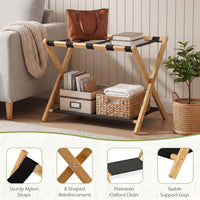 Bamboo Luggage Racks Set of 2 with Nylon Straps and Oxford Cloth Storage Shelves for Bedroom