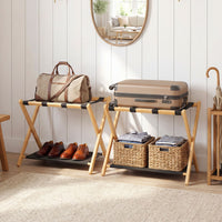 Bamboo Luggage Racks Set of 2 with Nylon Straps and Oxford Cloth Storage Shelves for Bedroom