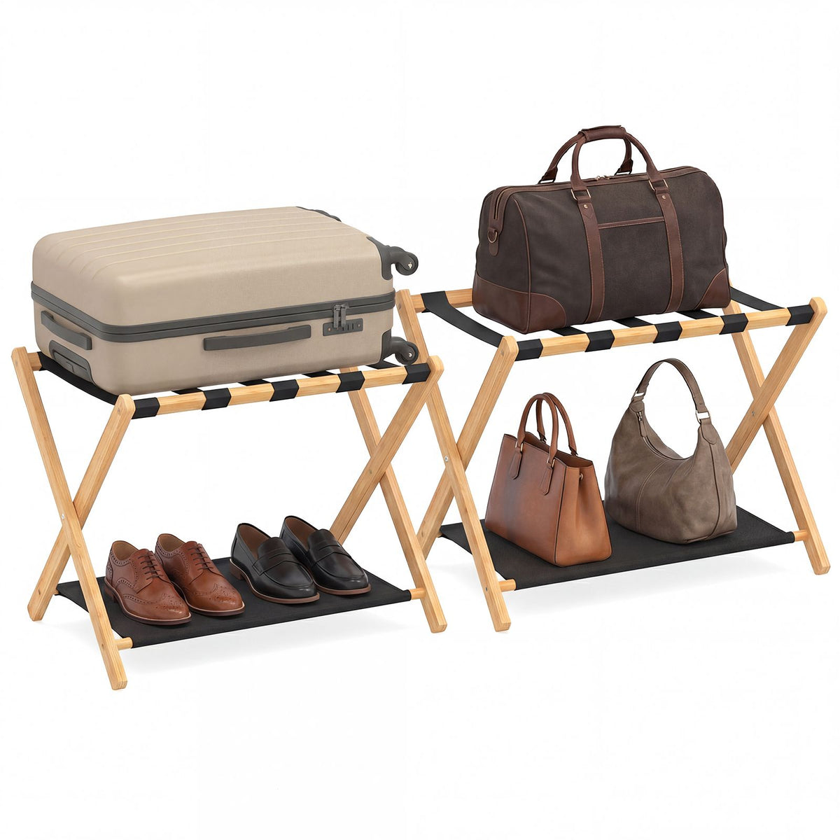Bamboo Luggage Racks Set of 2 with Nylon Straps and Oxford Cloth Storage Shelves for Bedroom