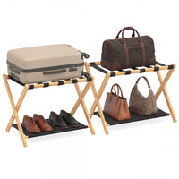 Bamboo Luggage Racks Set of 2 with Nylon Straps and Oxford Cloth Storage Shelves for Bedroom