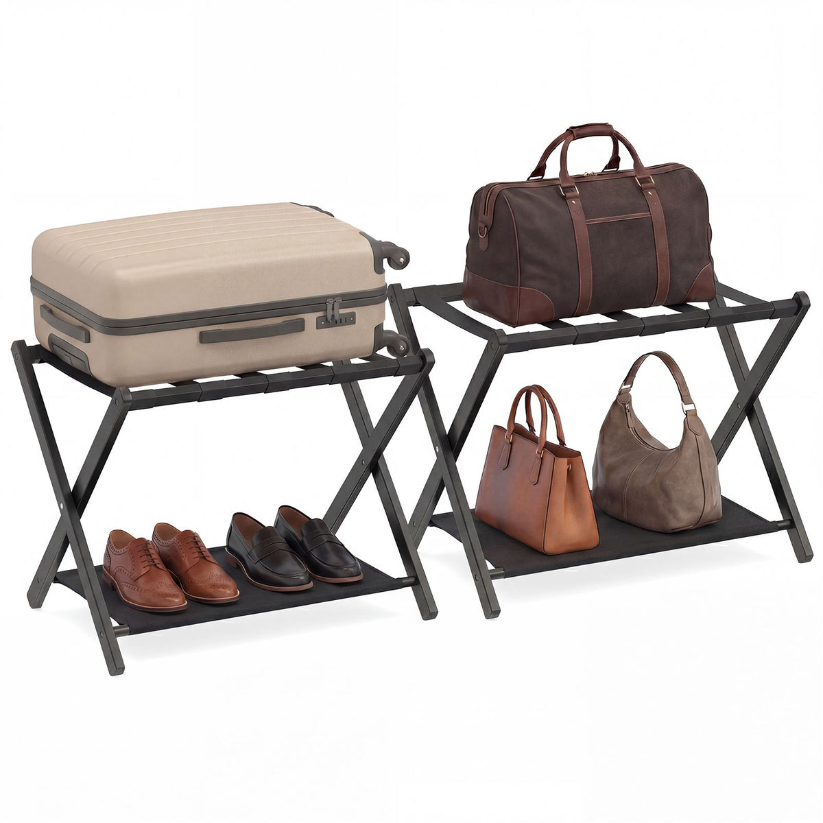 Bamboo Luggage Racks Set of 2 with Nylon Straps and Oxford Cloth Storage Shelves for Bedroom