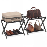 Bamboo Luggage Racks Set of 2 with Nylon Straps and Oxford Cloth Storage Shelves for Bedroom