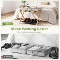 Bamboo Luggage Racks Set of 2 with Nylon Straps and Oxford Cloth Storage Shelves for Bedroom