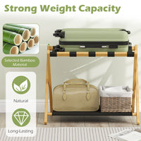 Bamboo Luggage Racks Set of 2 with Nylon Straps and Oxford Cloth Storage Shelves for Bedroom