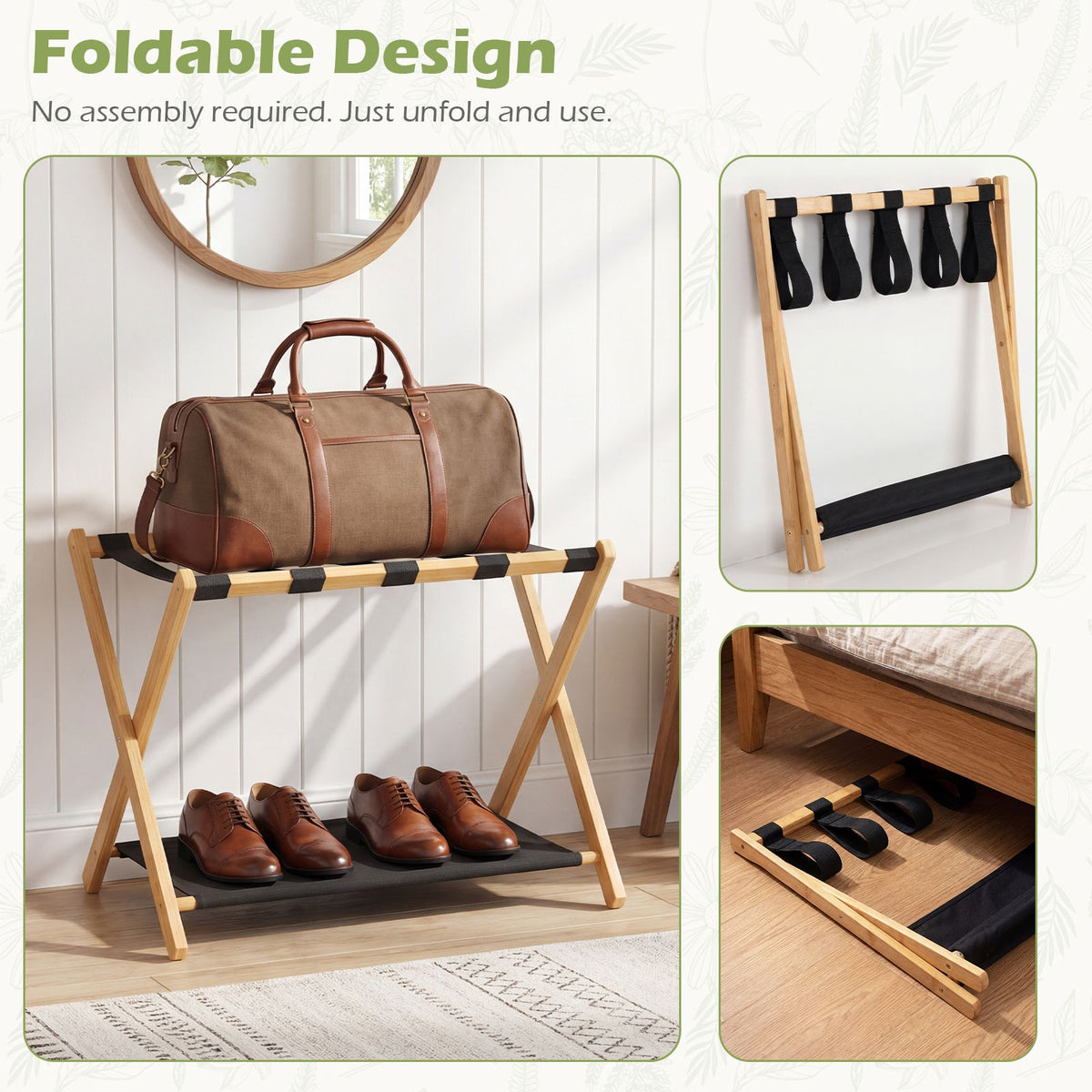 Bamboo Luggage Racks Set of 2 with Nylon Straps and Oxford Cloth Storage Shelves for Bedroom