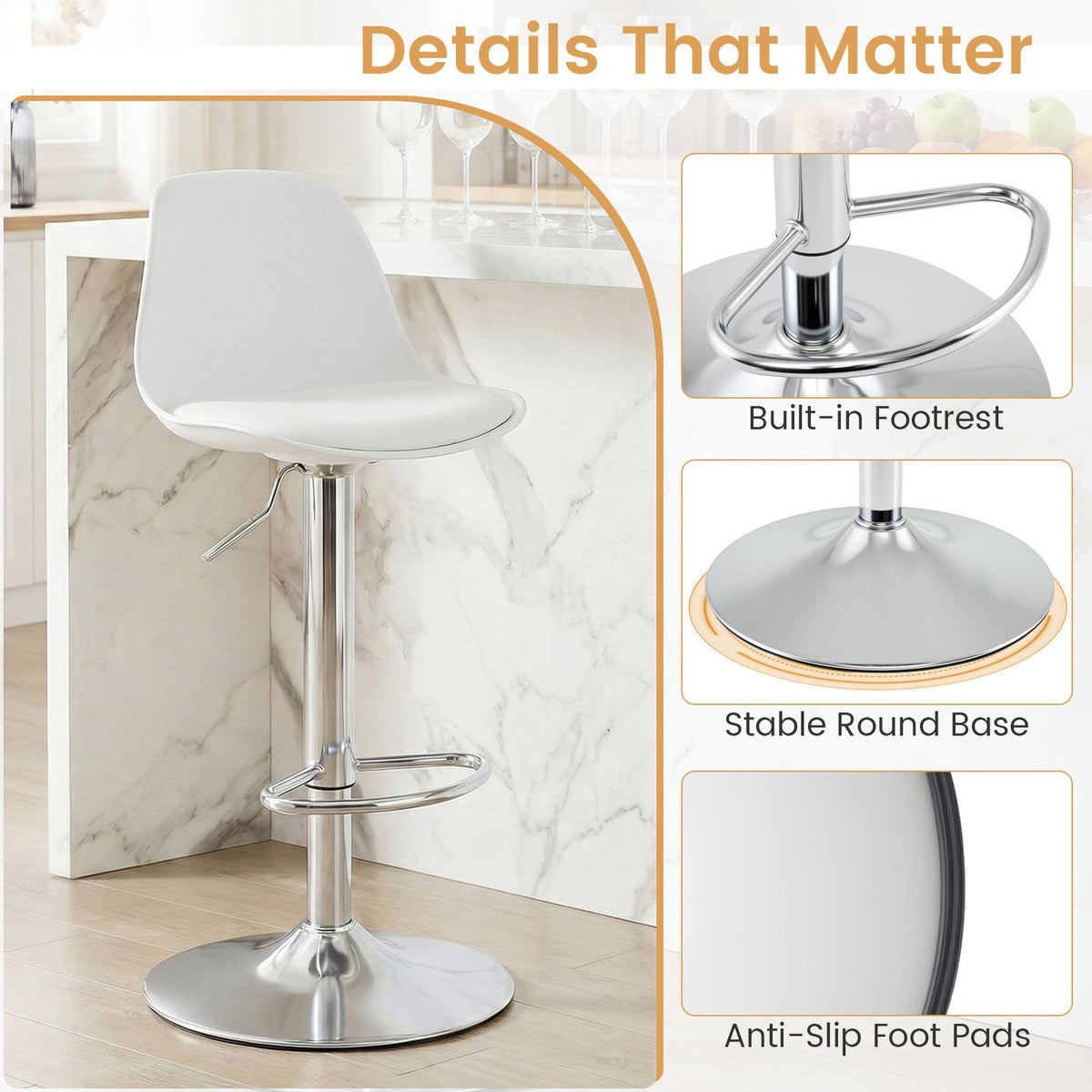 Bar Stools Set of 2 with Backrest & Footrest and Adjustable Swivel 60-82 cm