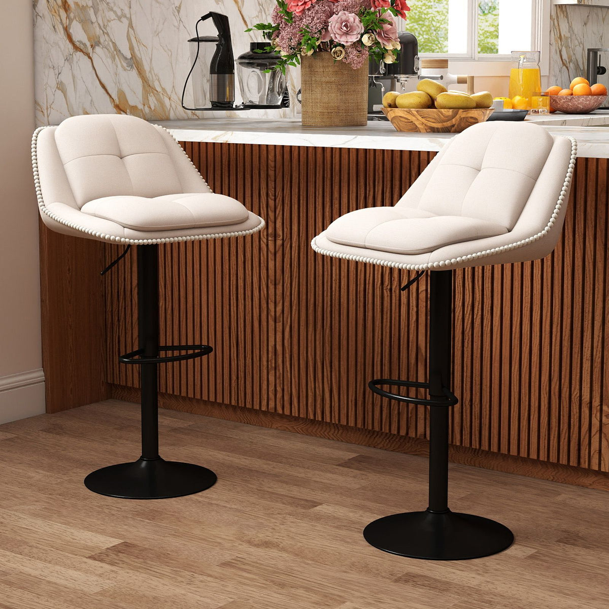 Bar Stools Set of 2 Modern Adjustable Chenille Upholstered Barstools with Footrests